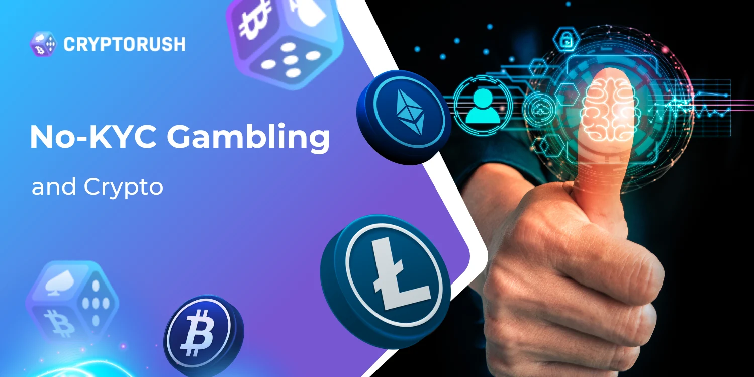 Crypto icons with thumbprint scan representing No-KYC gambling platforms.