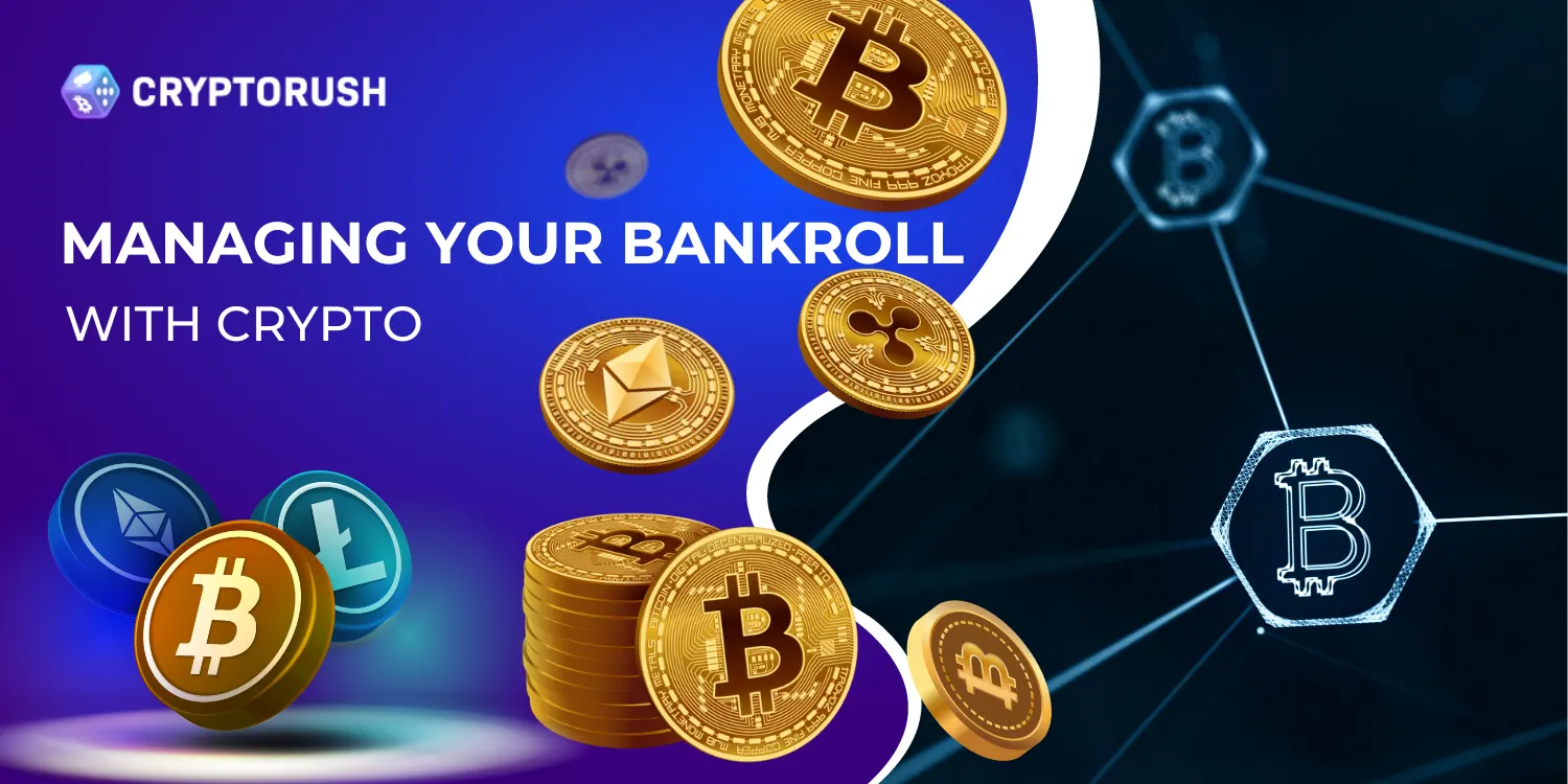 Crypto bankroll management guide with Bitcoin and altcoins symbols.