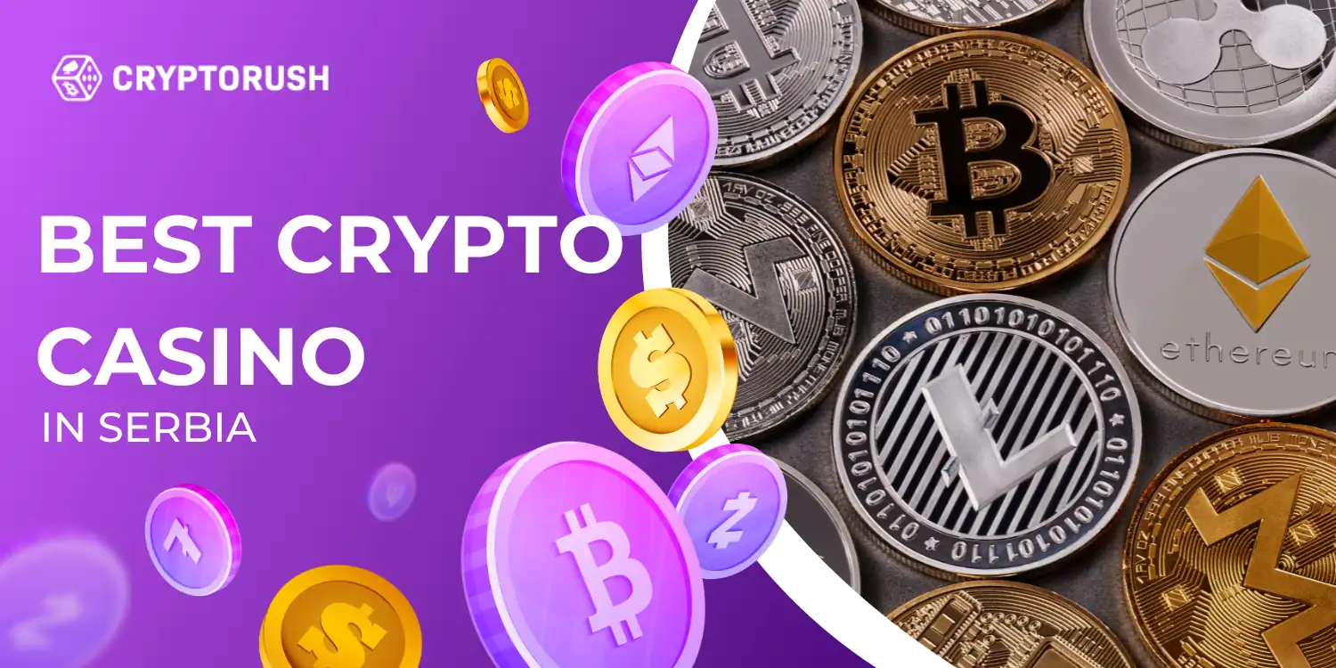 Promotional image for crypto casino in Serbia featuring various cryptocurrency coins and symbols.