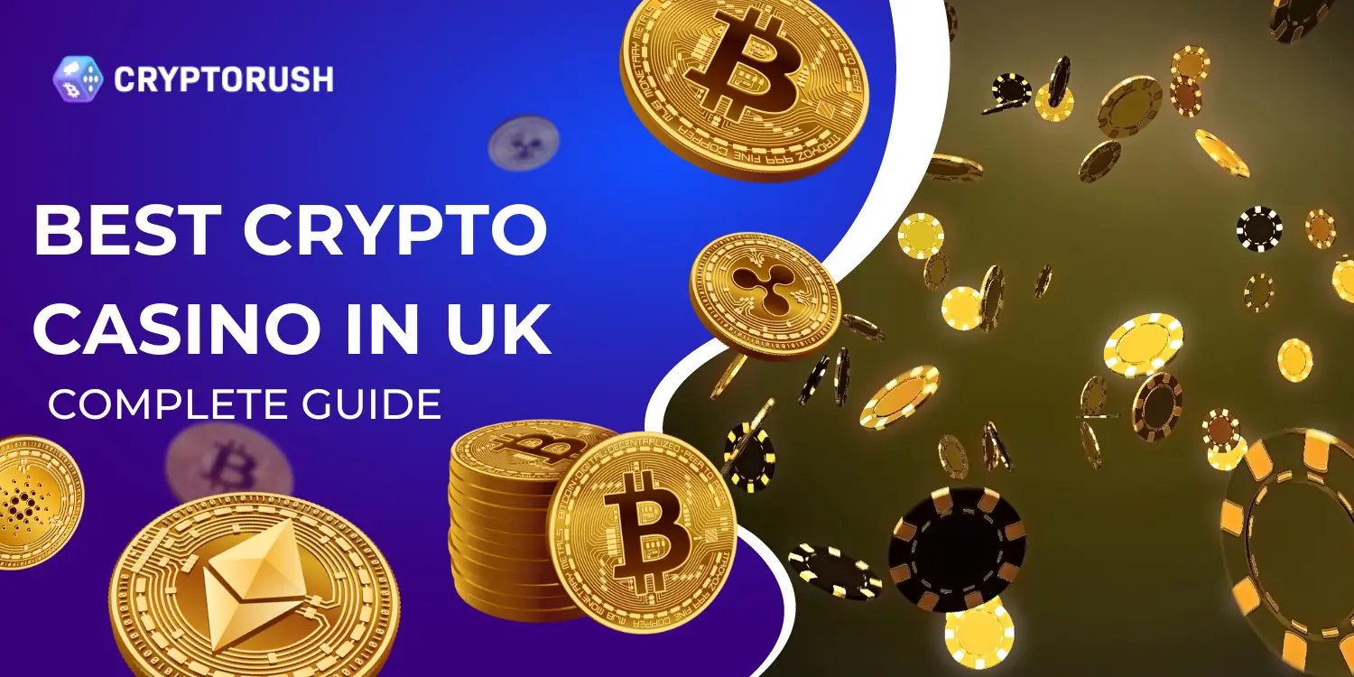 Crypto casino guide cover with coins, poker chips, and CRYPTORUSH logo on blue background.