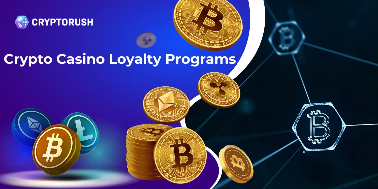 Crypto casino loyalty programs banner with Bitcoin, Ethereum, and Litecoin coins.