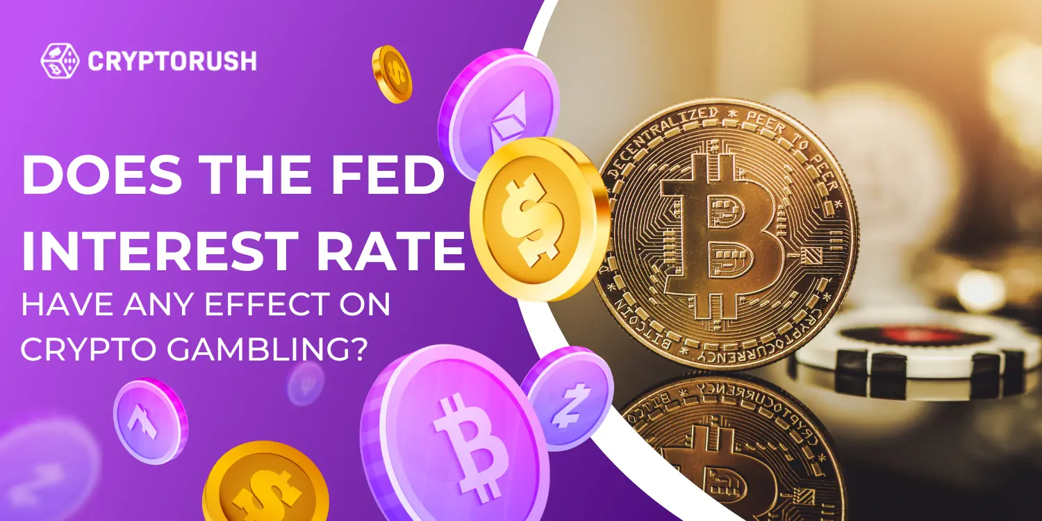 Cryptocurrency coins and poker chips with text about Fed interest rates affecting crypto gambling.