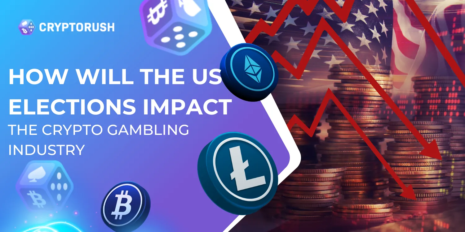 Cryptocurrency symbols and declining graph against coins and American flag, discussing elections' impact on crypto gambling.