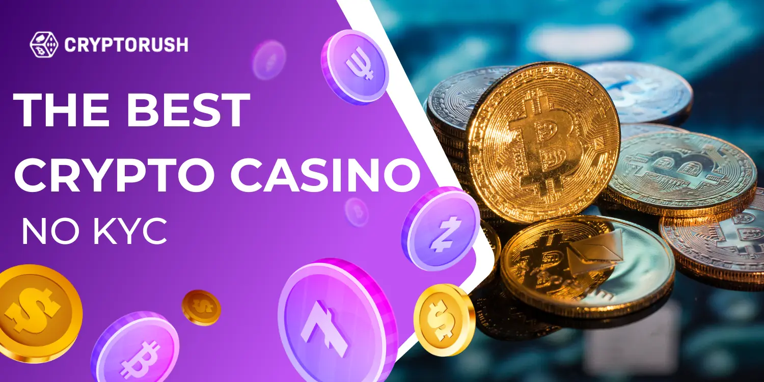 Cryptorush crypto casino advertisement with Bitcoin and other cryptocurrency symbols, no KYC required.