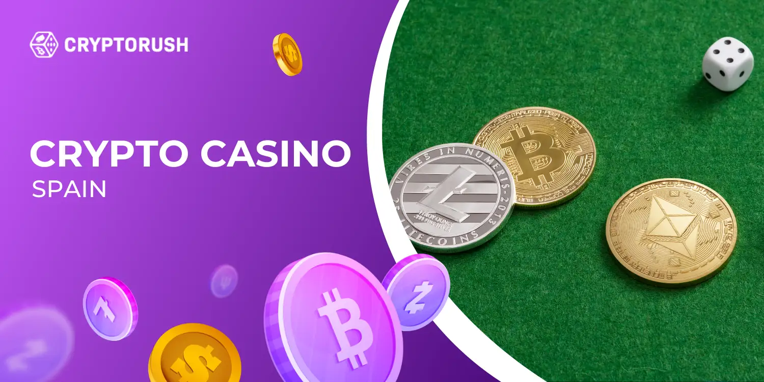 Crypto casino advertisement featuring Bitcoin, Litecoin, Ethereum coins.