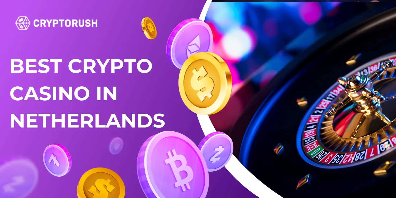 CryptoRush advertisement featuring a roulette wheel and cryptocurrency symbols for a Dutch casino.