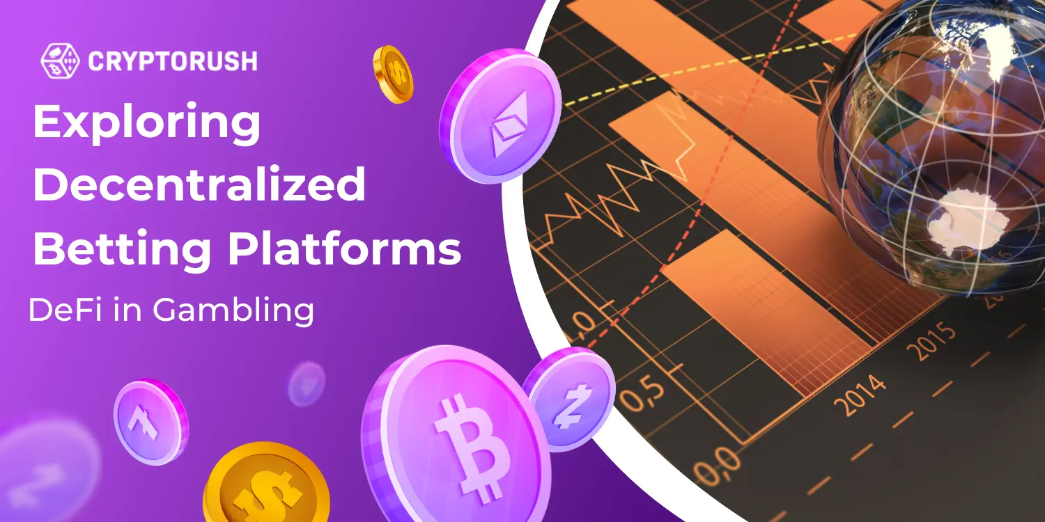 Decentralized betting platforms infographic with CryptoRush branding.