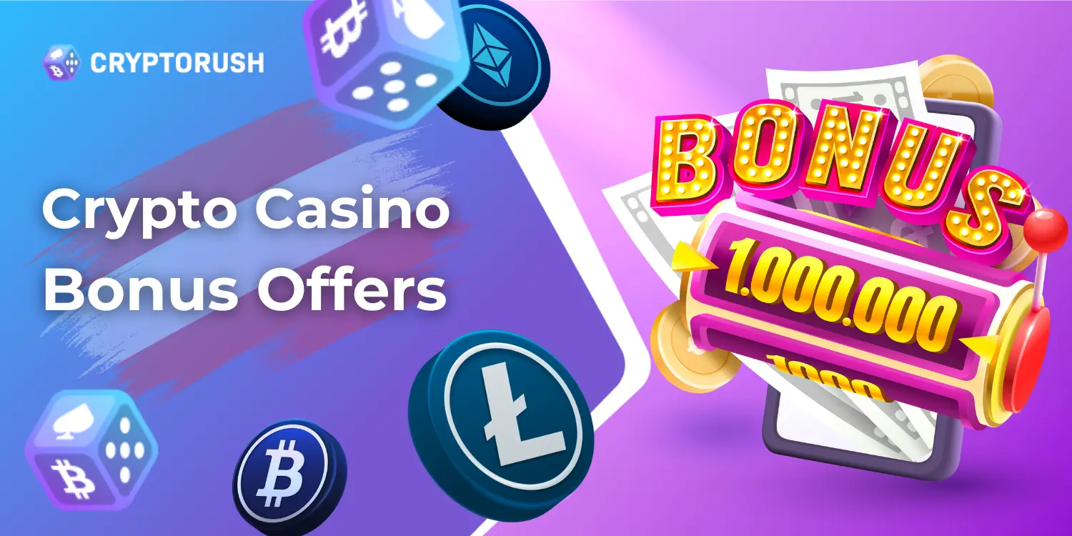 Cryptorush logo with a slot machine featuring 'Bonus' text and 1,000,000 display, alongside cryptocurrency symbols (Bitcoin, Ethereum, Litecoin) on a vibrant purple background.